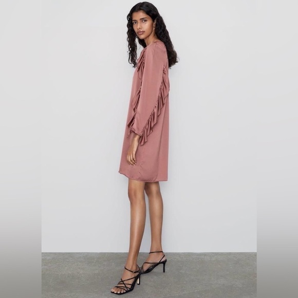 Zara| Pretty Rose Gold Ruffled Sleeve Satin Sheath Mini-Dress Sz XS - Picture 8 of 8